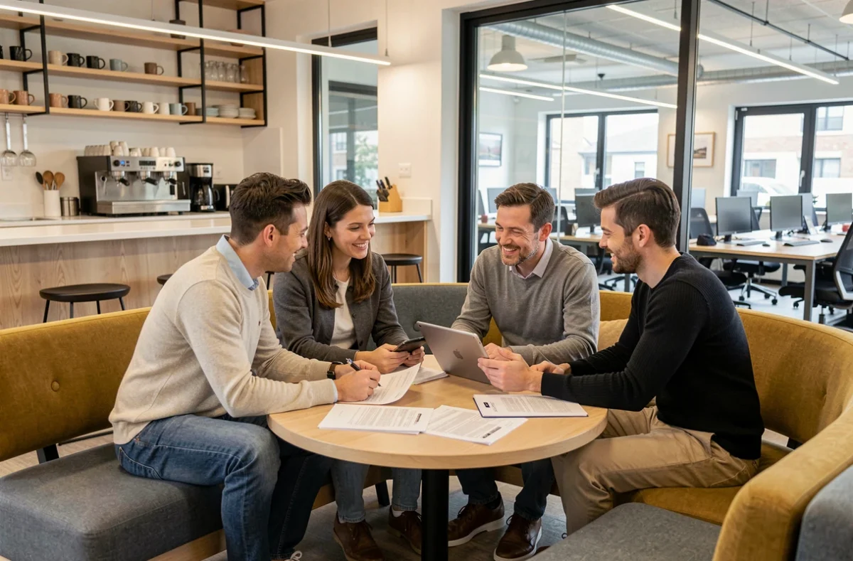 Groupe de professionnels en réunion collaborative dans un espace lounge de coworking à Villeneuve-d'Ascq