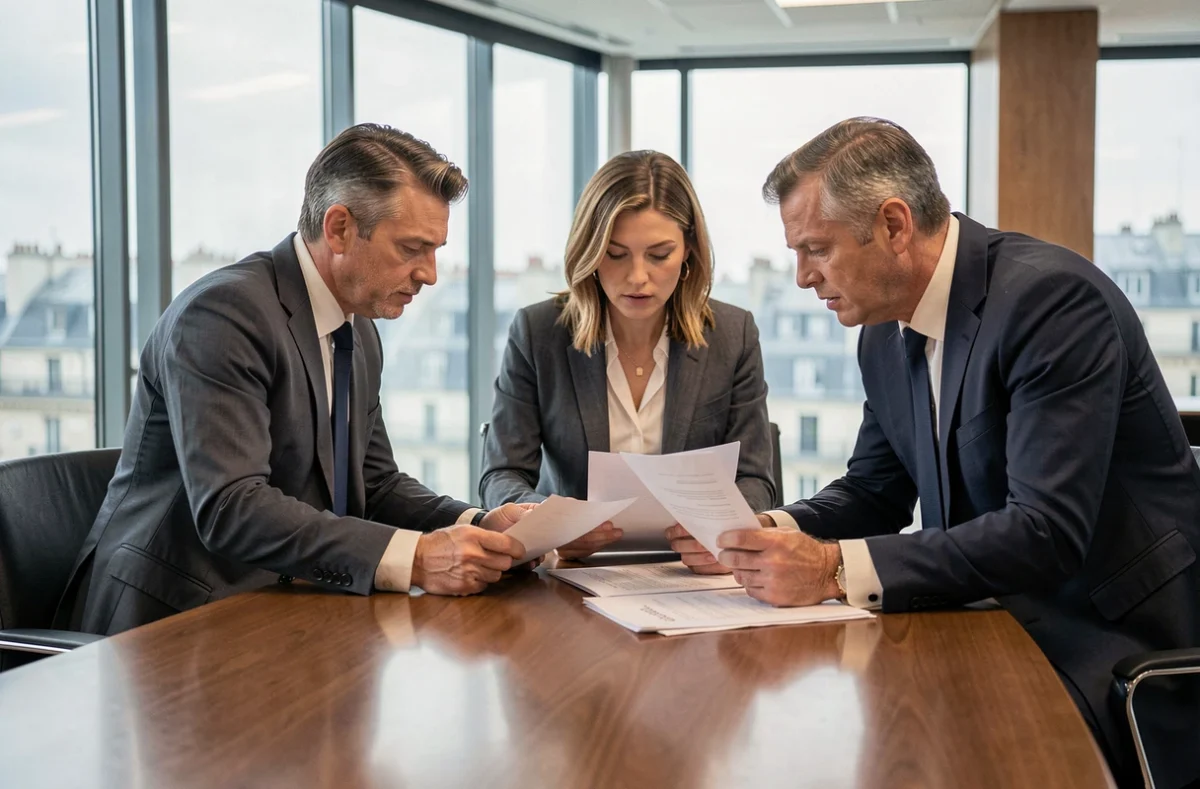 Réunion stratégique de dirigeants dans une salle de conseil parisienne, évoquant les enjeux de gouvernance et de stratégie à La Banque Postale