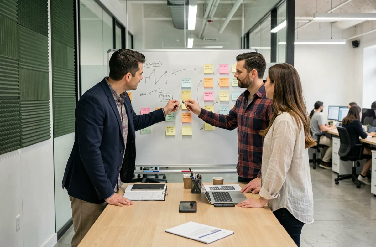Équipe de professionnels en réunion collaborative dans une salle de coworking à Grenoble avec tableau blanc et notes