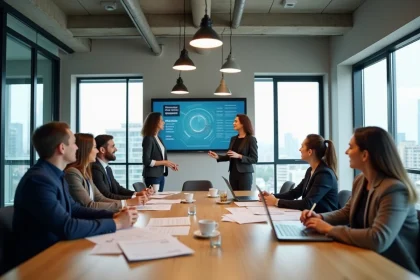 Équipe de managers réunis autour d'une table de conférence dans un bureau moderne pour une réunion de gestion d'entreprise Scalora