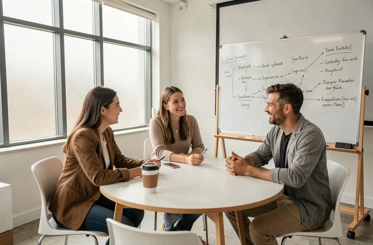 Équipe en réunion collaborative dans une salle de coworking avec tableau blanc