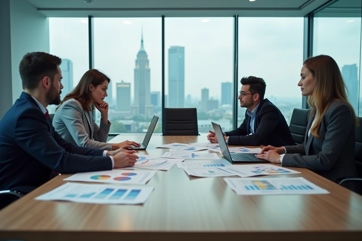 Équipe de professionnels discutant d'un rapport d'évaluation des risques en salle de réunion