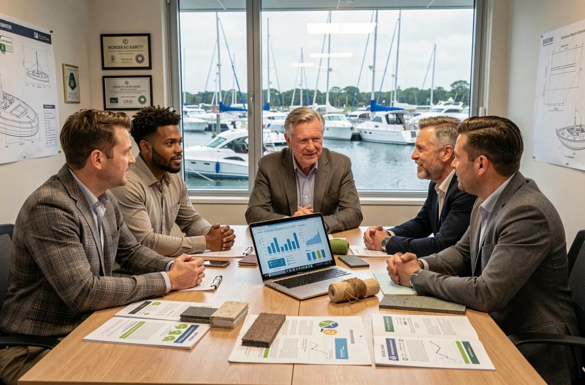 Réunion de professionnels du secteur nautique autour d'un rapport de développement durable, illustrant les discussions stratégiques sur la RSE dans l'industrie du bateau
