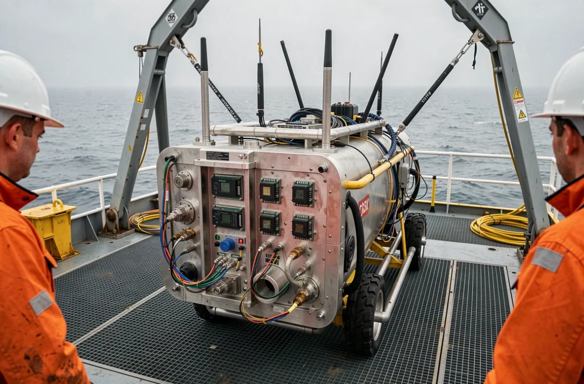 ROV équipé de modules IA embarquée et de capteurs acoustiques préparé sur le pont d'un navire offshore
