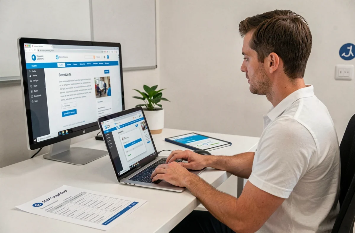 Expert en accessibilité numérique de Scan-RGAA auditant la conformité d'un site web avec des outils d'audit et une liste de contrôle RGAA