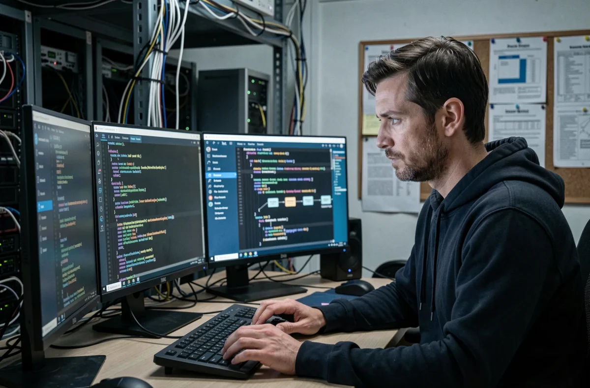 Développeur de SDX Development analysant une architecture d'application web complexe sur plusieurs écrans