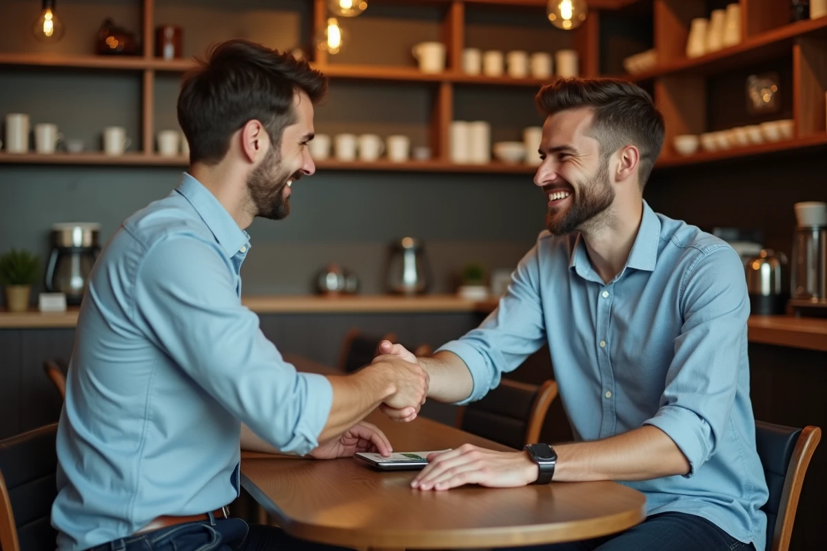 Homme souriant serrant la main dans un café chaleureux