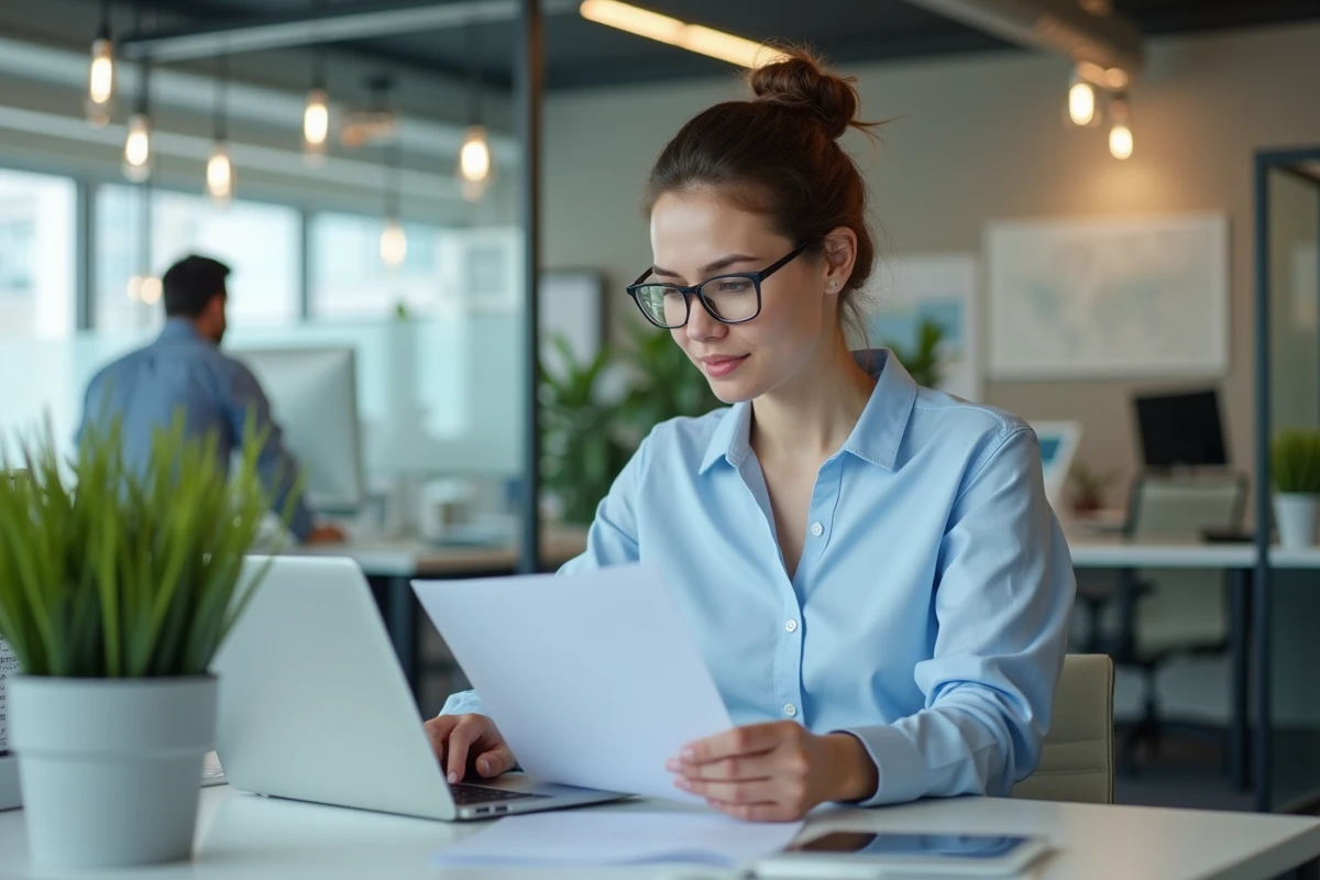 Femme professionnelle utilisant un ordinateur portable pour gérer des demandes de service client dans un bureau moderne