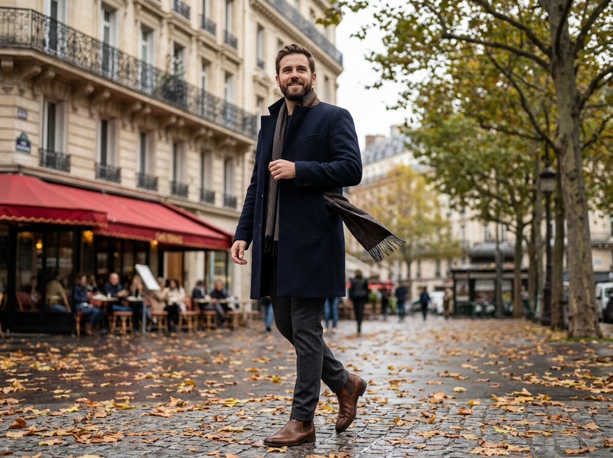 Mannequin masculin en manteau marine marchant dans une rue pavée parisienne lors d'un shooting de mode en extérieur automnal