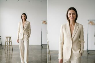 Mannequin féminine en blazer crème posant en studio photo minimaliste pour une campagne de mode professionnelle
