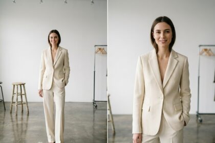 Mannequin féminine en blazer crème posant en studio photo minimaliste pour une campagne de mode professionnelle