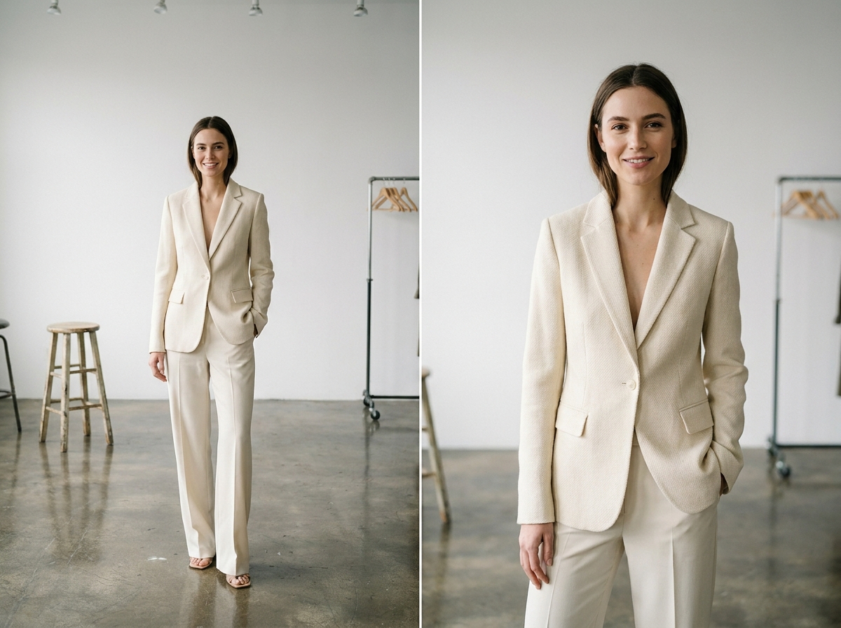 Mannequin féminine en blazer crème posant en studio photo minimaliste pour une campagne de mode professionnelle