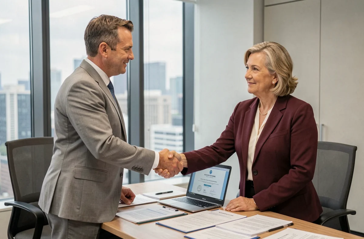 Signature d'un contrat de portage salarial avec label Qualiopi entre deux professionnels en salle de réunion