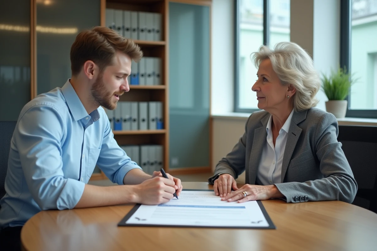 Jeune apprenti signant un formulaire de rupture de contrat avec une responsable RH dans un bureau professionnel