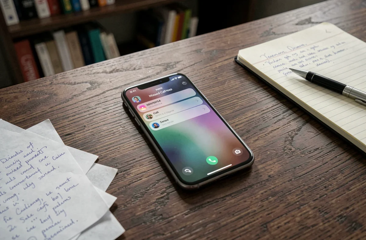 Smartphone sur un bureau montrant un journal d'appels manqués du numéro 0974769754 avec durée zéro seconde