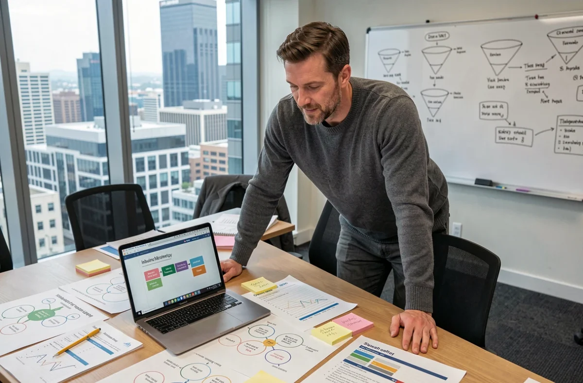 Spécialiste en inbound marketing planifiant une stratégie de contenu SEO sur une table de réunion