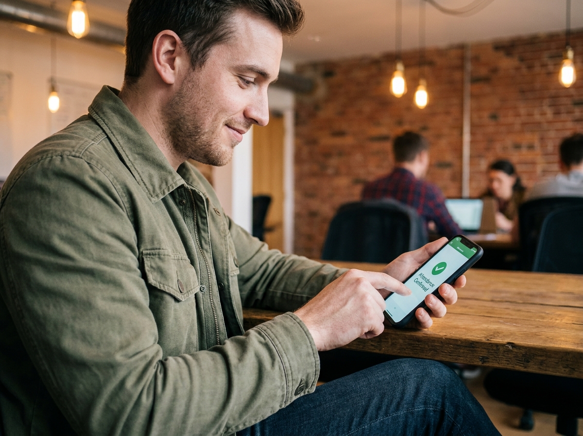Stagiaire validant son émargement numérique sur smartphone dans un espace de formation moderne