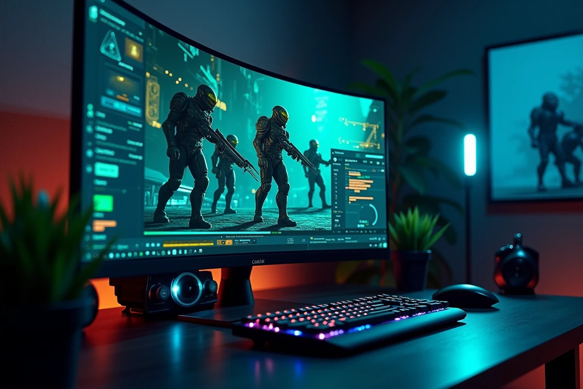 Station de travail de développement de jeux vidéo avec écran affichant un moteur graphique de science-fiction, représentant la transition technologique et créative vers Halo Studios