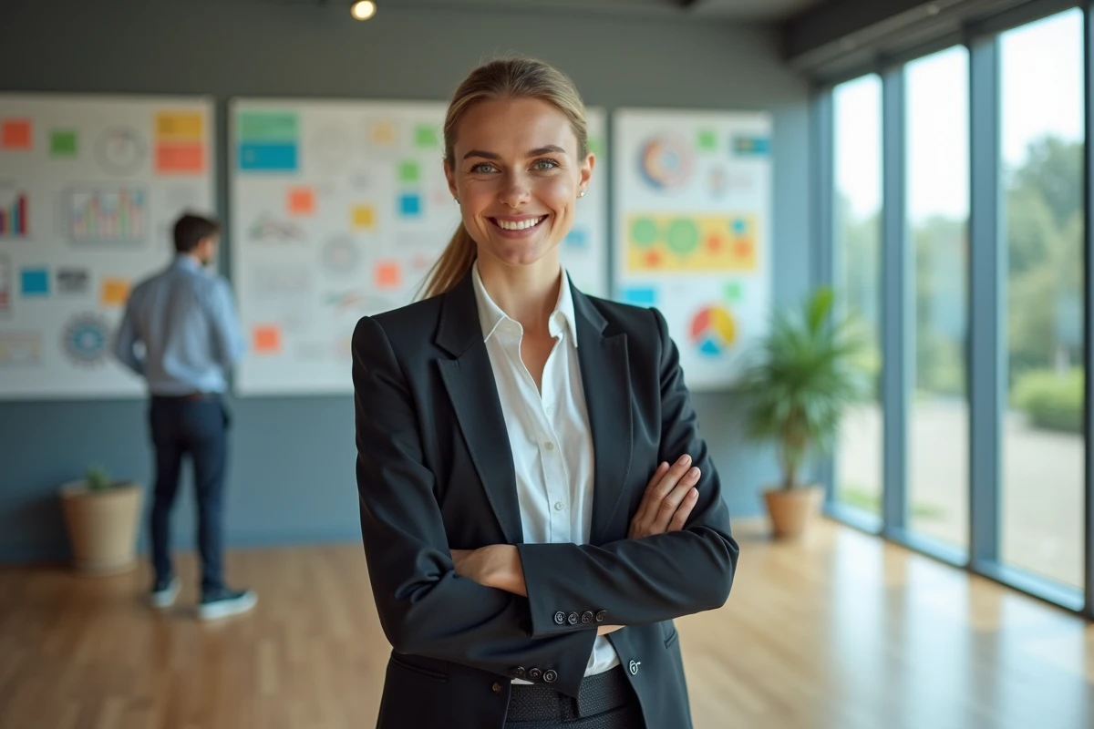 Jeune femme stratège digitale devant un mur de notes et diagrammes