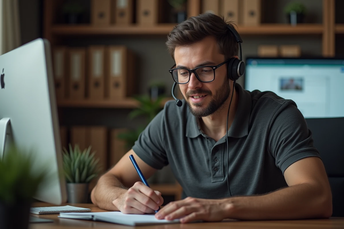 Homme au bureau à domicile avec casque téléphonique prenant des notes sur les délais de réponse du service client