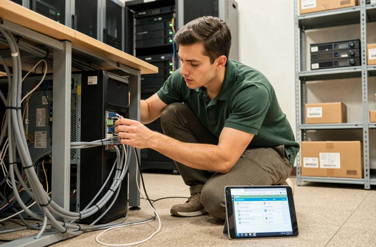 Technicien informatique vérifiant les câbles réseau d'un poste de travail en entreprise lors d'un diagnostic de panne intranet