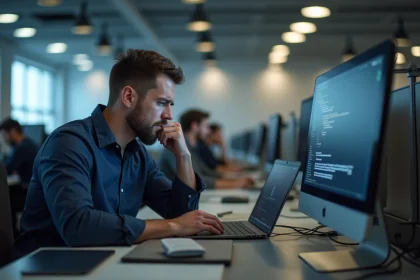 Technicien informatique face à une erreur de connexion réseau sur son ordinateur portable en entreprise