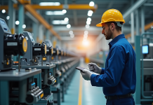 Technicien industriel inspectant une ligne de production automatisée