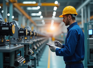 Technicien industriel inspectant une ligne de production automatisée