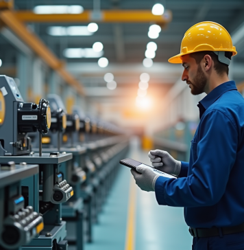 Technicien industriel inspectant une ligne de production automatisée