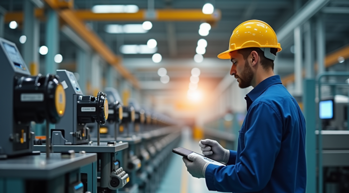 Technicien industriel inspectant une ligne de production automatisée