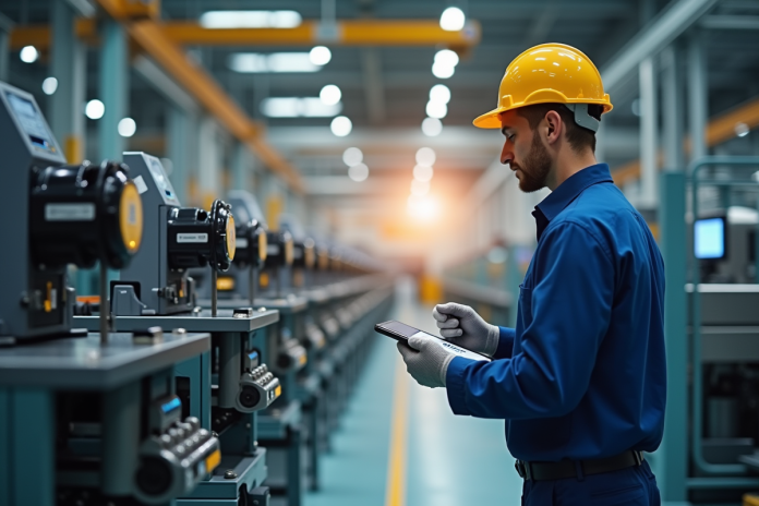 Technicien industriel inspectant une ligne de production automatisée
