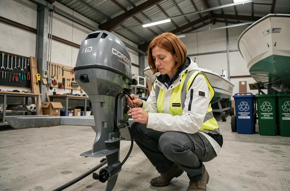 Technicienne examinant un moteur électrique hors-bord dans un atelier de construction nautique, symbolisant la transition énergétique et les pratiques écoresponsables de l'industrie marine