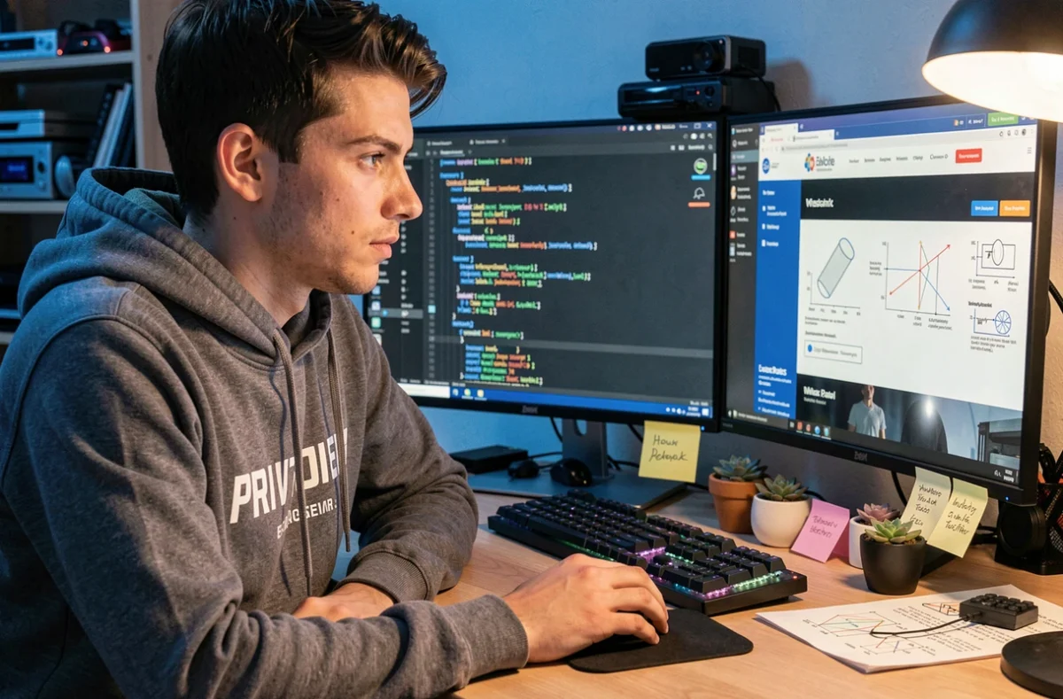 Développeur de Technitude concentré sur le développement d'un site web complexe avec triple écran dans un espace de travail tech