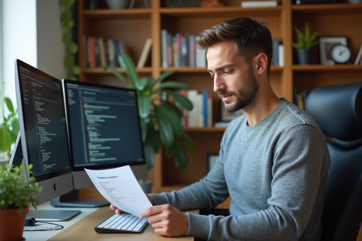 Employé en télétravail consultant une liste de solutions pour résoudre des problèmes de connexion à un réseau intranet