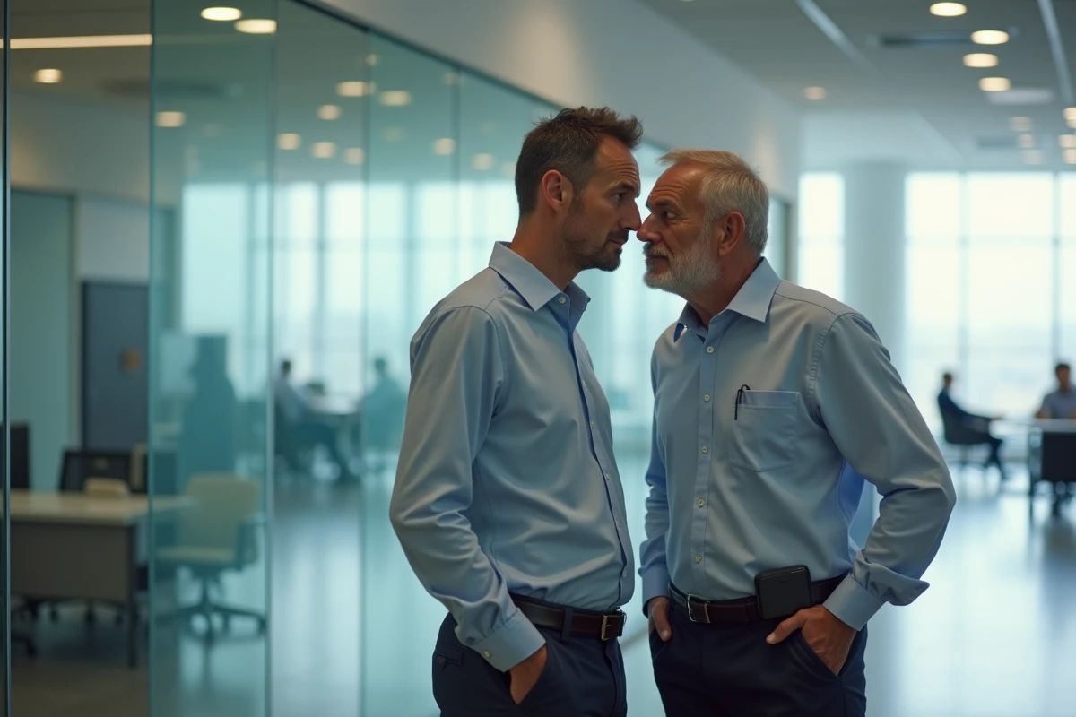 Deux collègues masculins échangeant discrètement dans un couloir de bureau, évoquant la problématique des témoins et de l'enregistrement de conversations professionnelles à leur insu