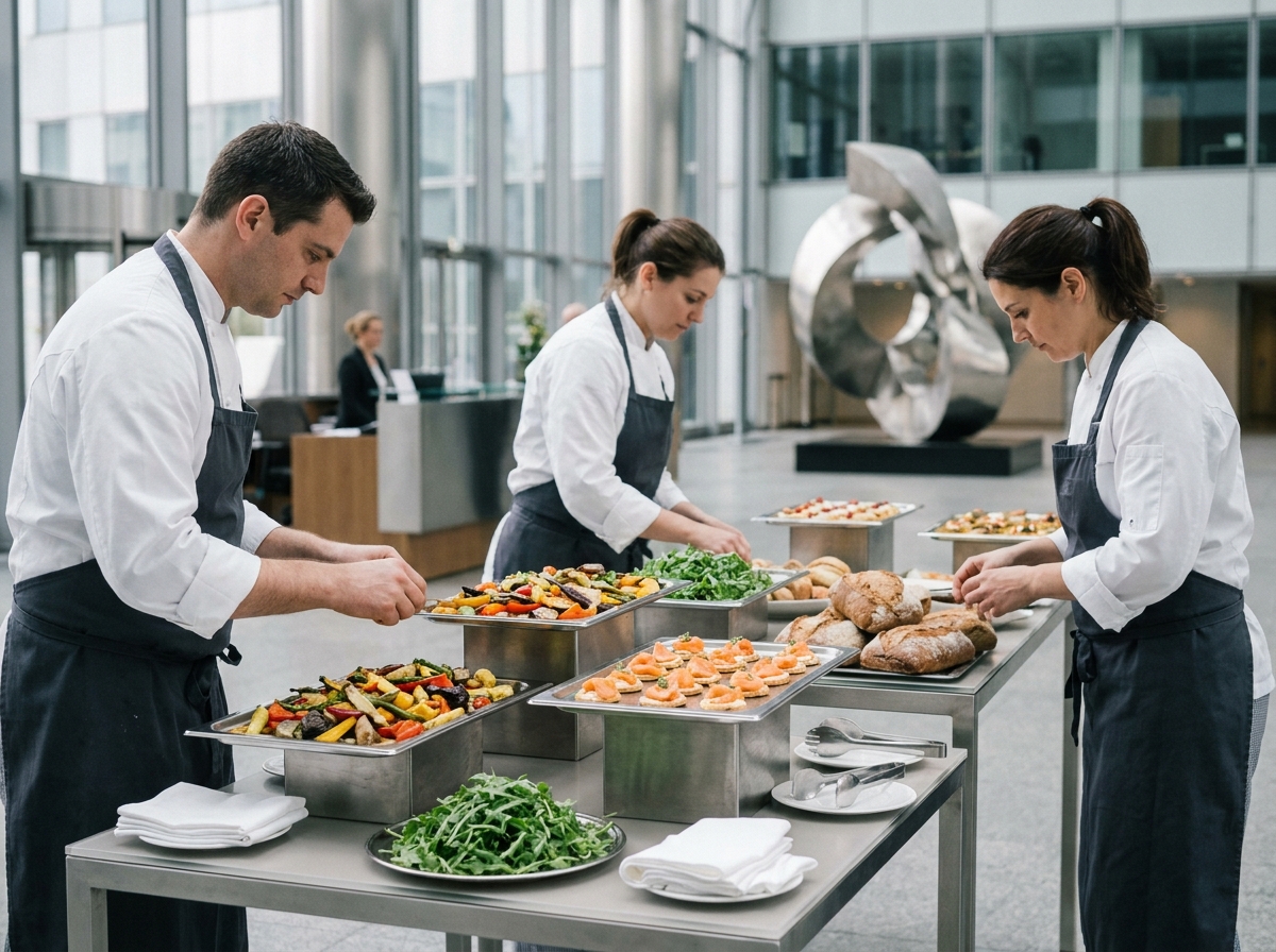 Équipe traiteur professionnelle installant un service de repas d'entreprise dans un hall de bureau à La Défense