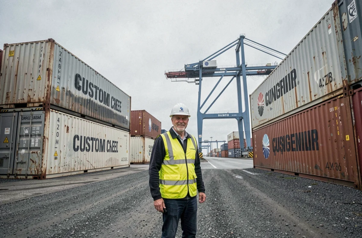 Transitaire en gilet haute visibilité devant des conteneurs maritimes au port dans le contexte des règles incoterm DDP