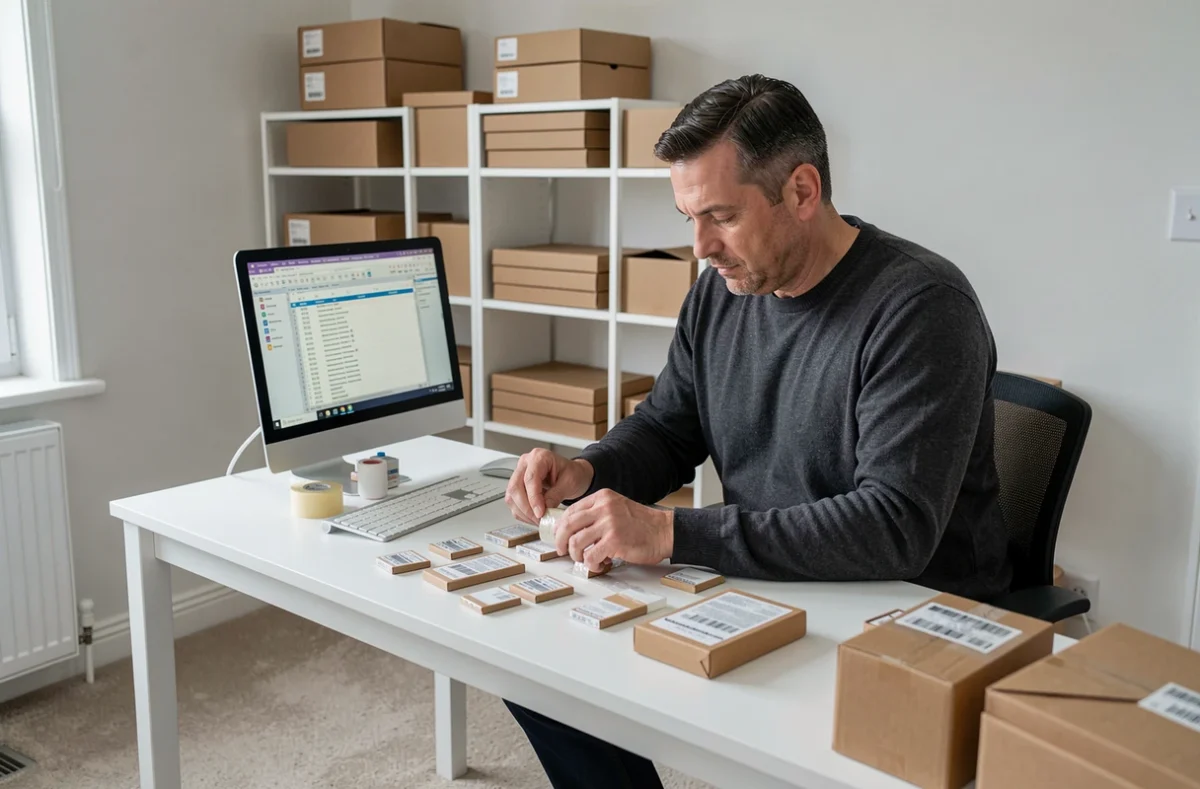 Homme emballant des produits dans un bureau à domicile aménagé pour un travail de conditionnement freelance