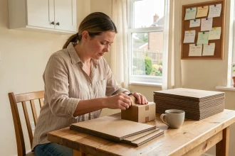 Femme travaillant à domicile sur une tâche d'emballage de boîtes en carton sur une table de cuisine en bois