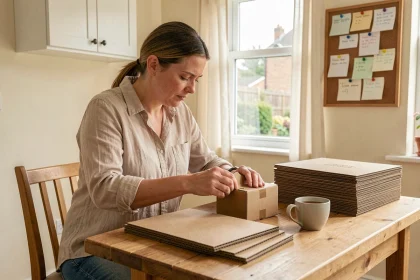 Femme travaillant à domicile sur une tâche d'emballage de boîtes en carton sur une table de cuisine en bois