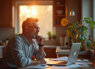 Employe de bureau pensif au lever du soleil