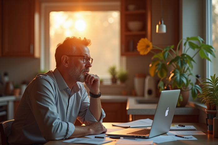 Employe de bureau pensif au lever du soleil