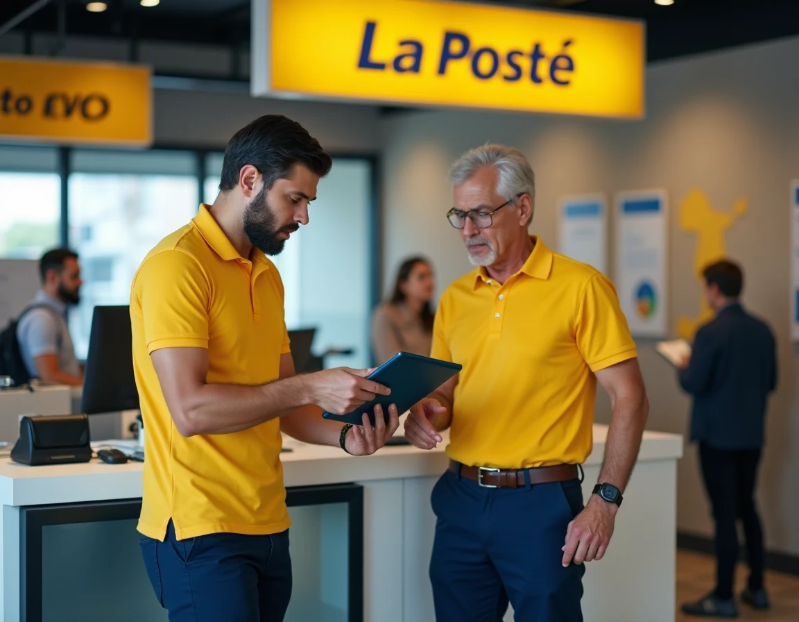 Nouvel employé La Poste en polo jaune recevant des explications GTM de son tuteur au comptoir d'un bureau de poste