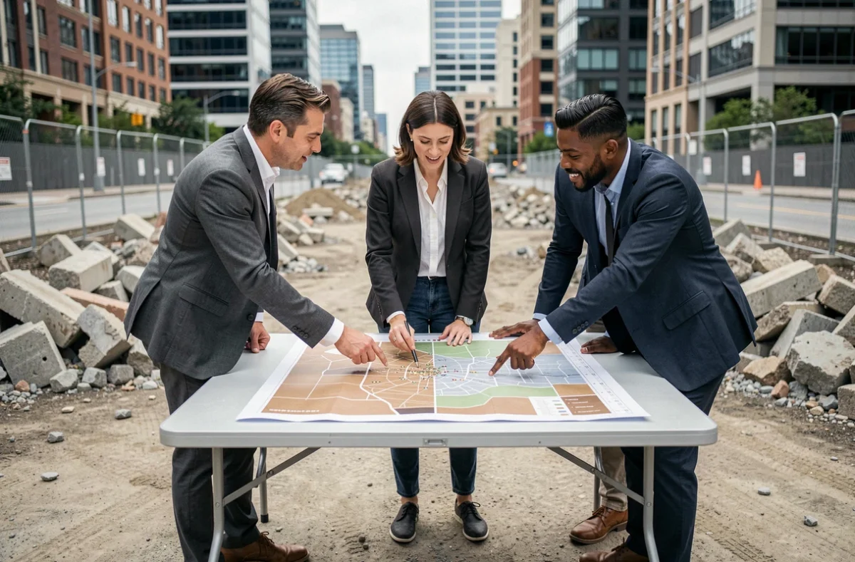 Urbanistes analysant des plans d'aménagement sur un chantier de reconversion urbaine dans le cadre d'un projet de transition énergétique