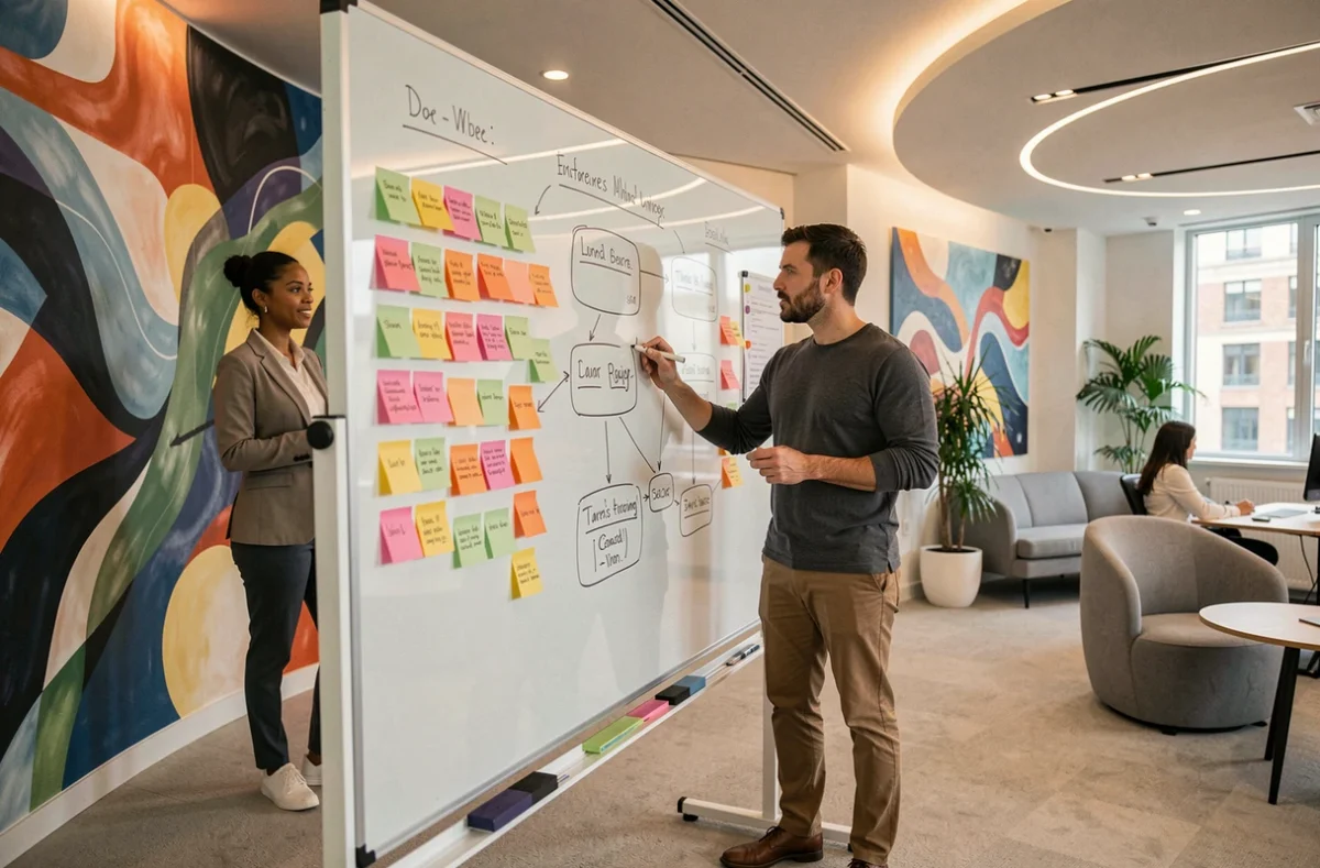 Designers d'UtopiCLabs brainstormant des concepts UX innovants sur un tableau de verre dans un bureau créatif