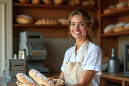 Vendeuse en boulangerie souriante derrière le comptoir en bois arrangeant des baguettes fraîches dans un panier en osier