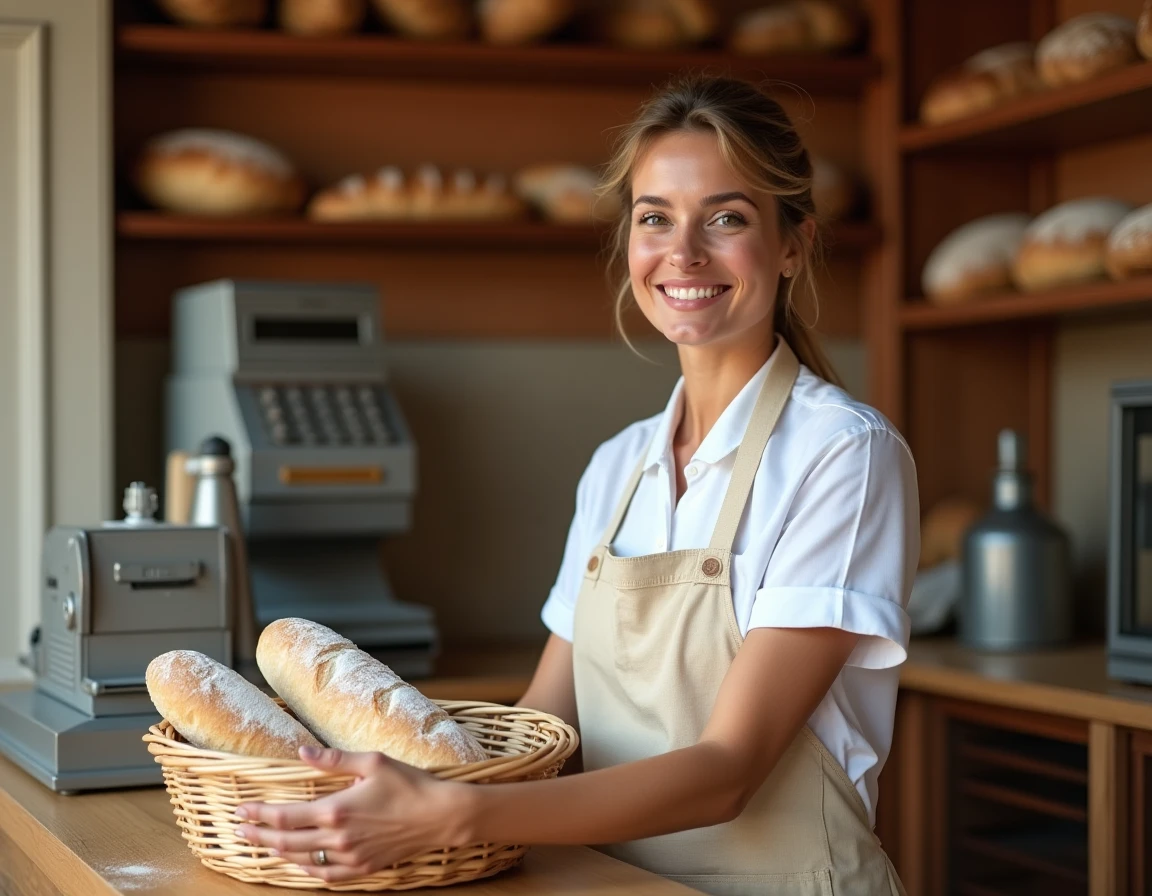 Vendeuse en boulangerie souriante derrière le comptoir en bois arrangeant des baguettes fraîches dans un panier en osier