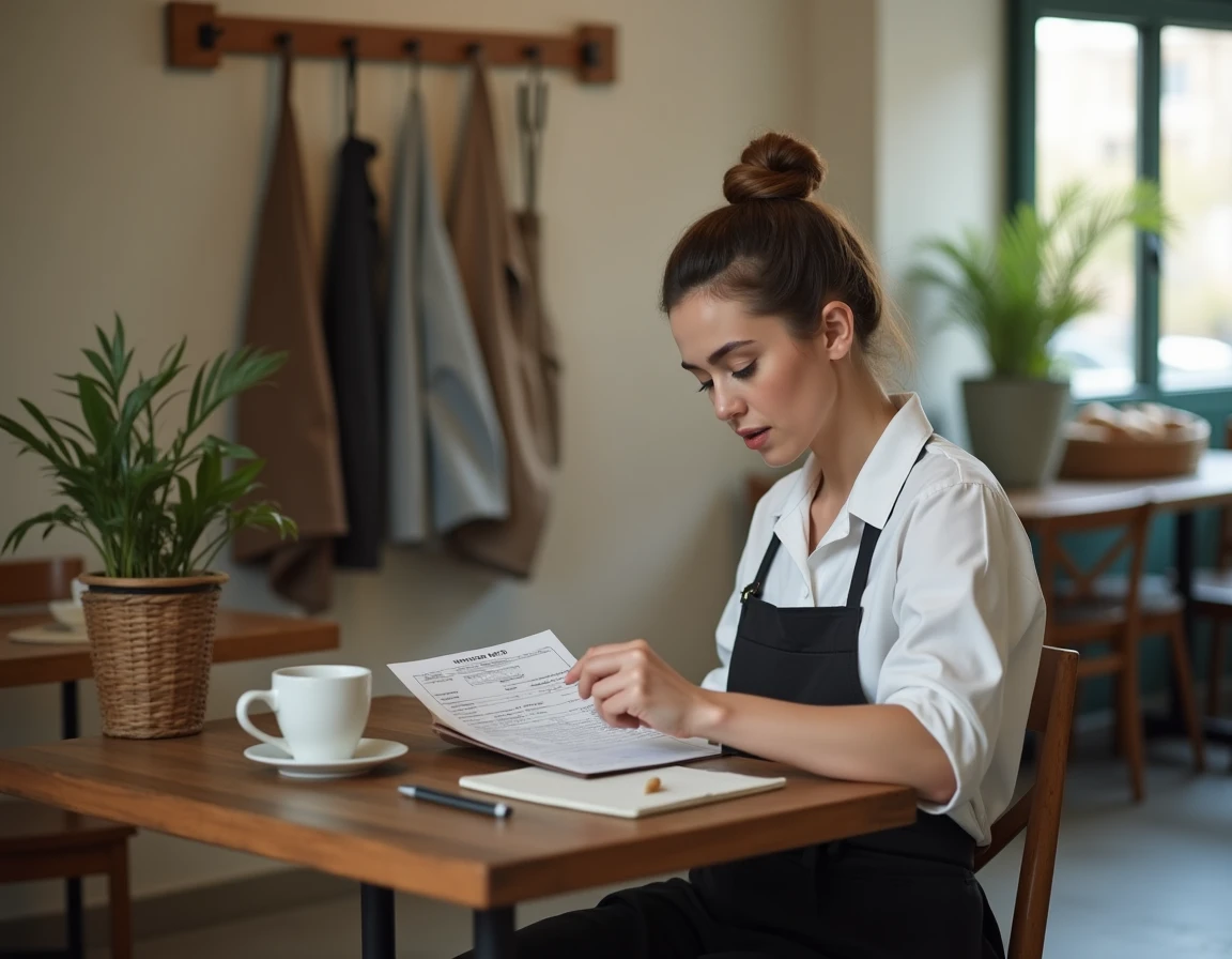 Vendeuse en boulangerie consultant sa fiche de paie dans la salle de pause d'une boulangerie artisanale