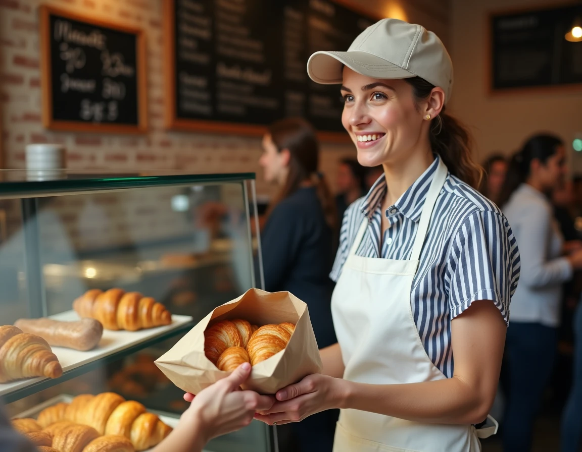 Vendeuse en boulangerie remettant un sachet de viennoiseries à une cliente au-dessus d'une vitrine réfrigérée