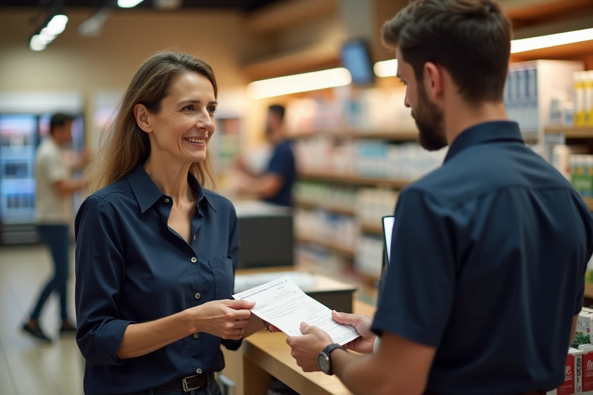 Une cliente tend un chèque à un caissier dans une enseigne de shopping, illustrant la vérification de l'acceptation des chèques en magasin